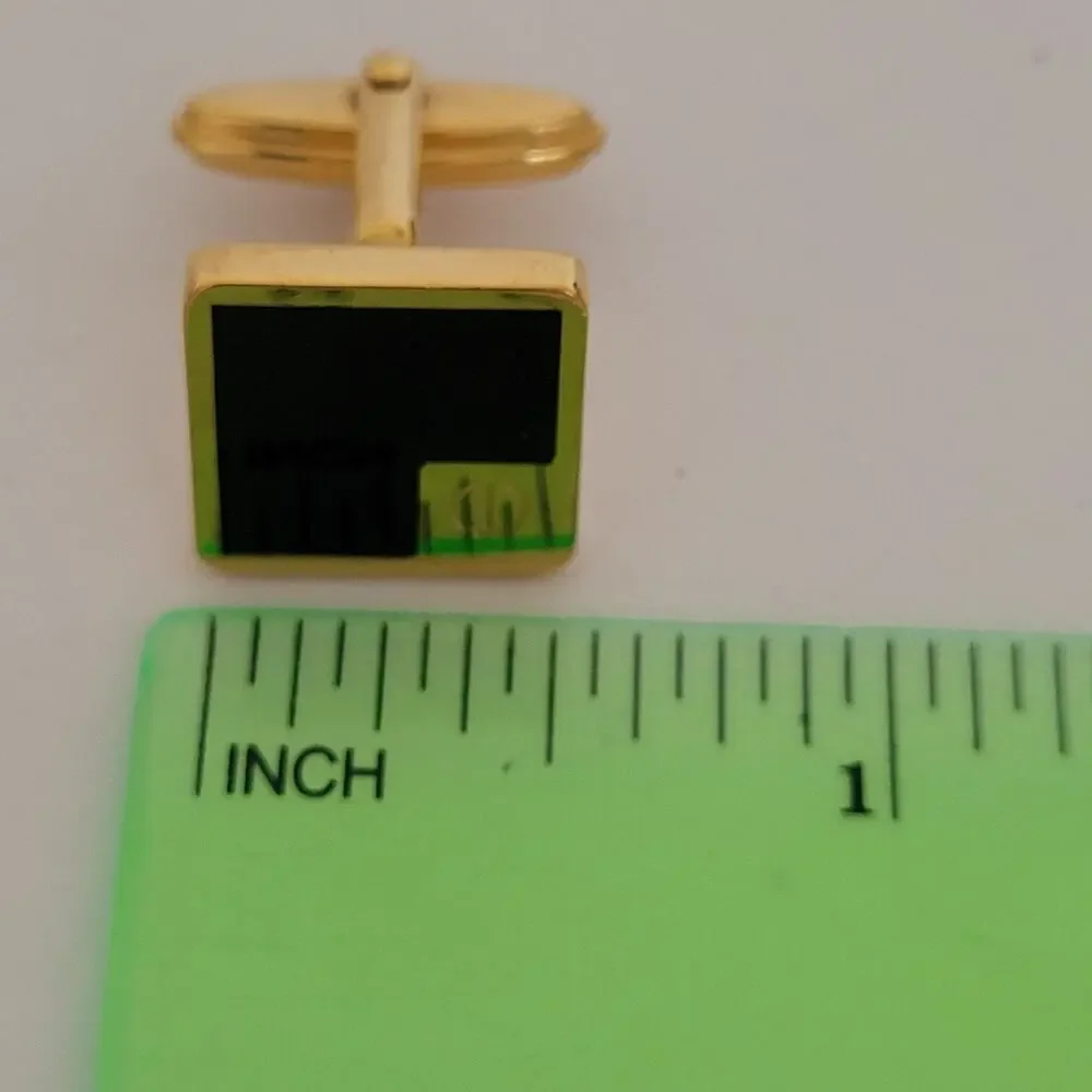 Dunhill D Cufflinks Gold Onyx Black Tone Logo Square Designer Logo Vintage Retro